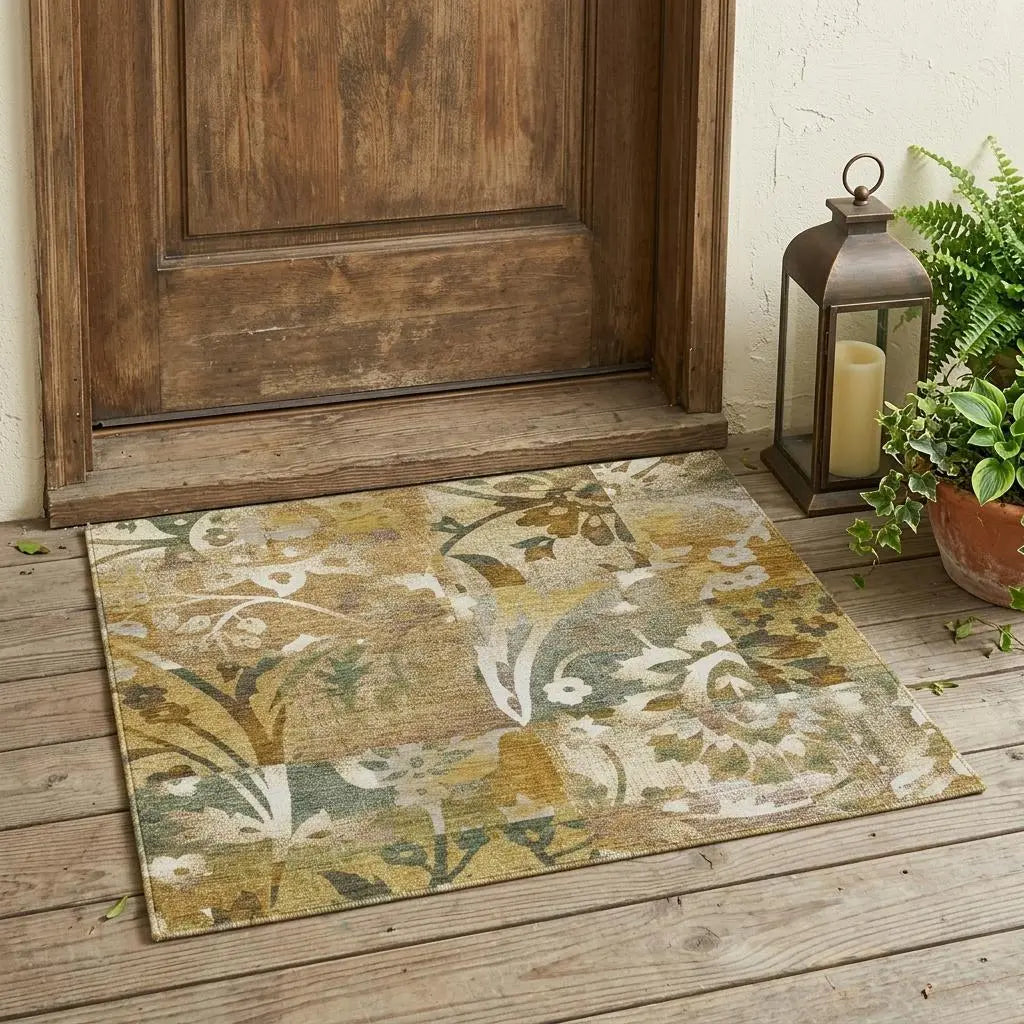 3' X 5' Walnut And Gold Botanical Leaves Washable Indoor Outdoor Area Rug Homeroots Outdoor