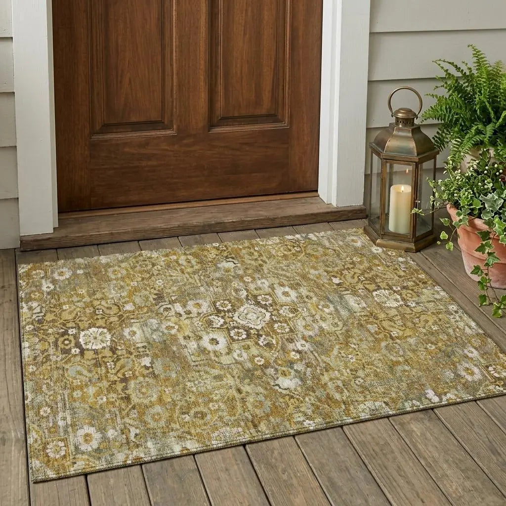 3' X 5' Walnut And Gold Floral Medallion Washable Indoor Outdoor Area Rug Homeroots Outdoor