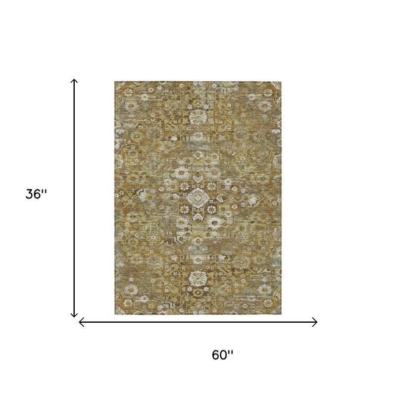 3' X 5' Walnut And Gold Floral Medallion Washable Indoor Outdoor Area Rug Homeroots Outdoor