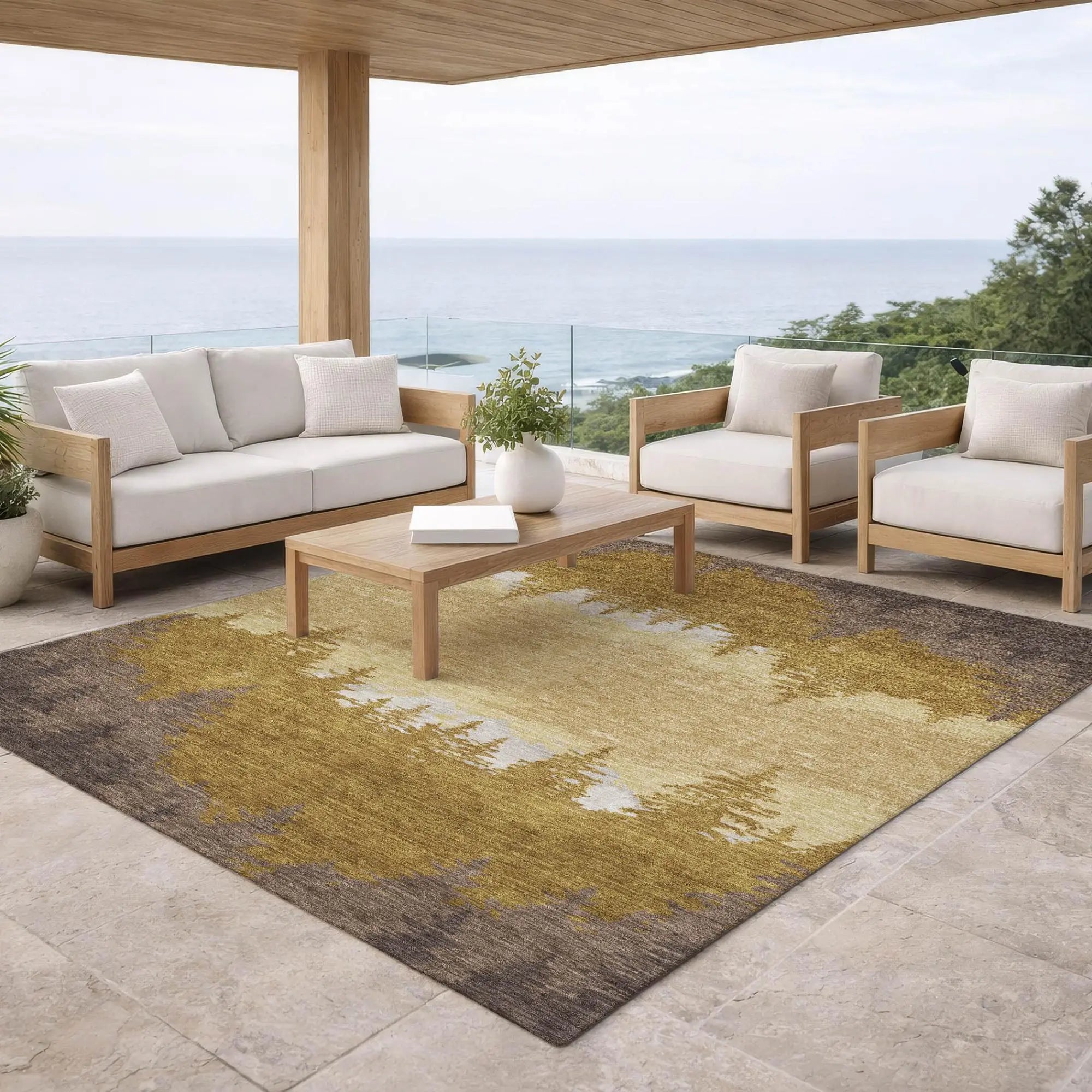 3' X 5' Walnut And Gold Floral Washable Indoor Outdoor Area Rug Homeroots Outdoor