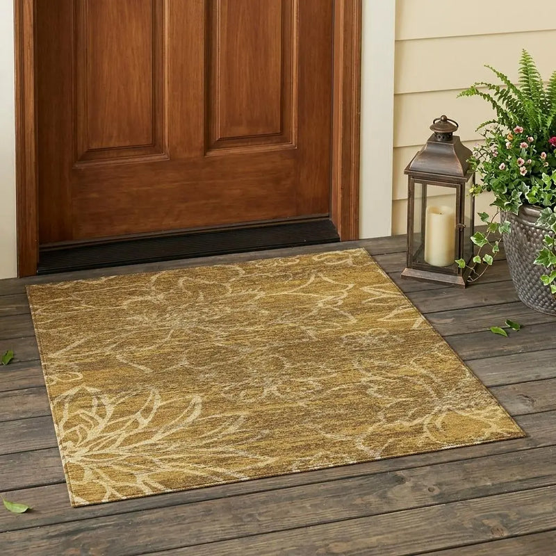 3' X 5' Walnut And Gold Floral Washable Indoor Outdoor Area Rug Homeroots Outdoor
