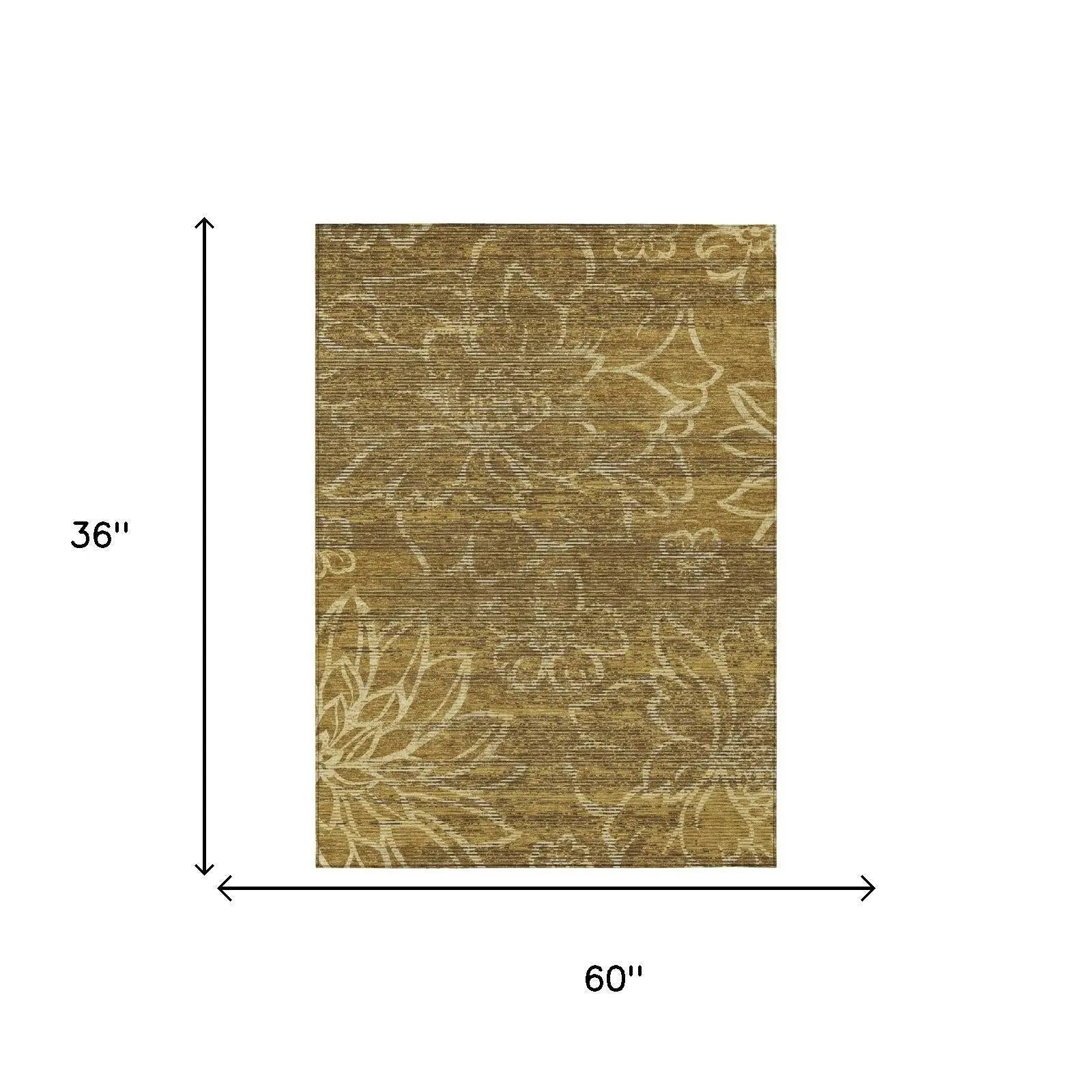 3' X 5' Walnut And Gold Floral Washable Indoor Outdoor Area Rug Homeroots Outdoor