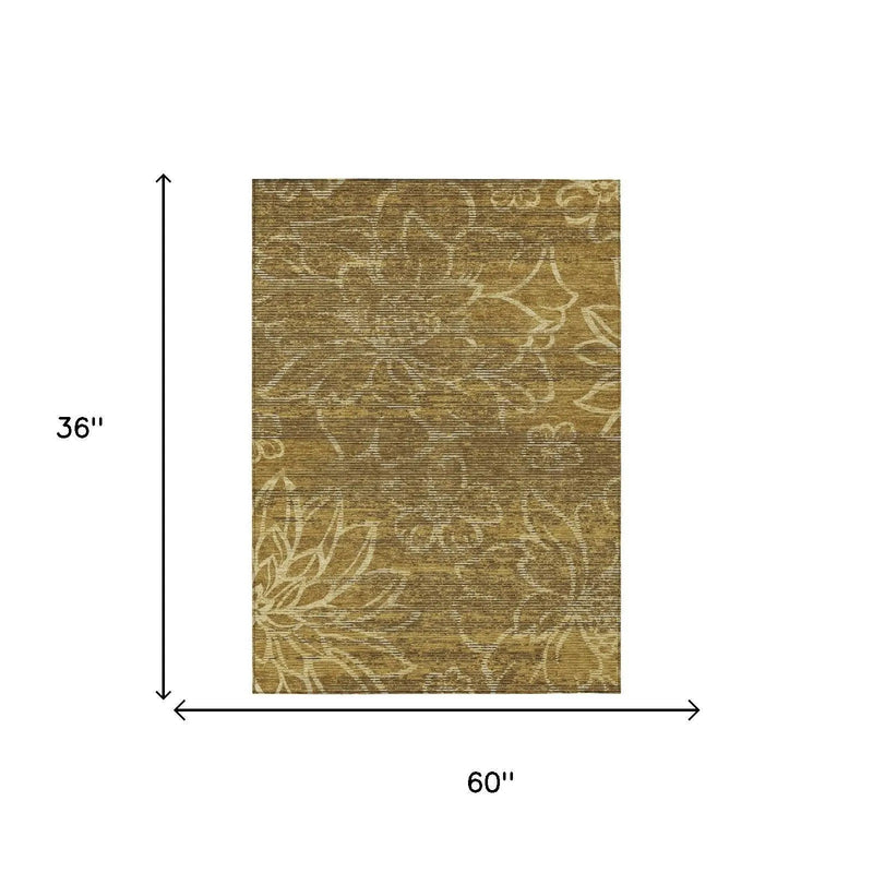 3' X 5' Walnut And Gold Floral Washable Indoor Outdoor Area Rug Homeroots Outdoor
