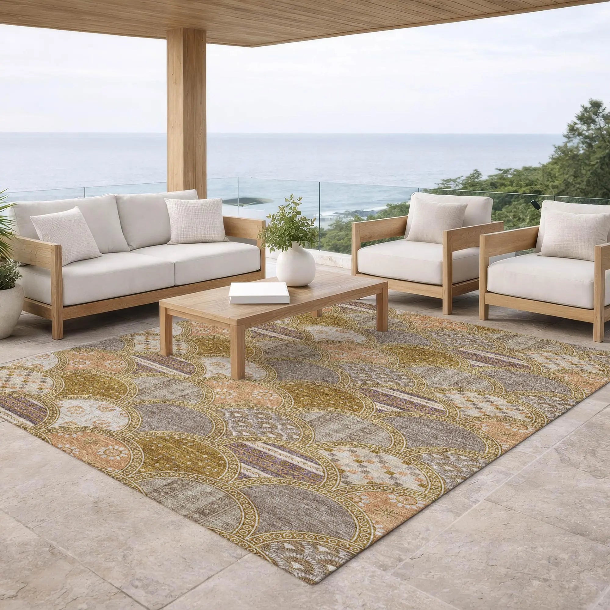 3' X 5' Walnut And Gold Geometric Washable Indoor Outdoor Area Rug Homeroots Outdoor