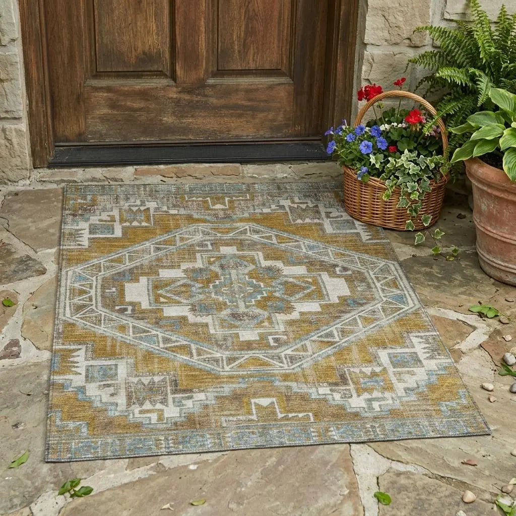 3' X 5' Walnut And Gold Southwestern Washable Indoor Outdoor Area Rug Homeroots Outdoor