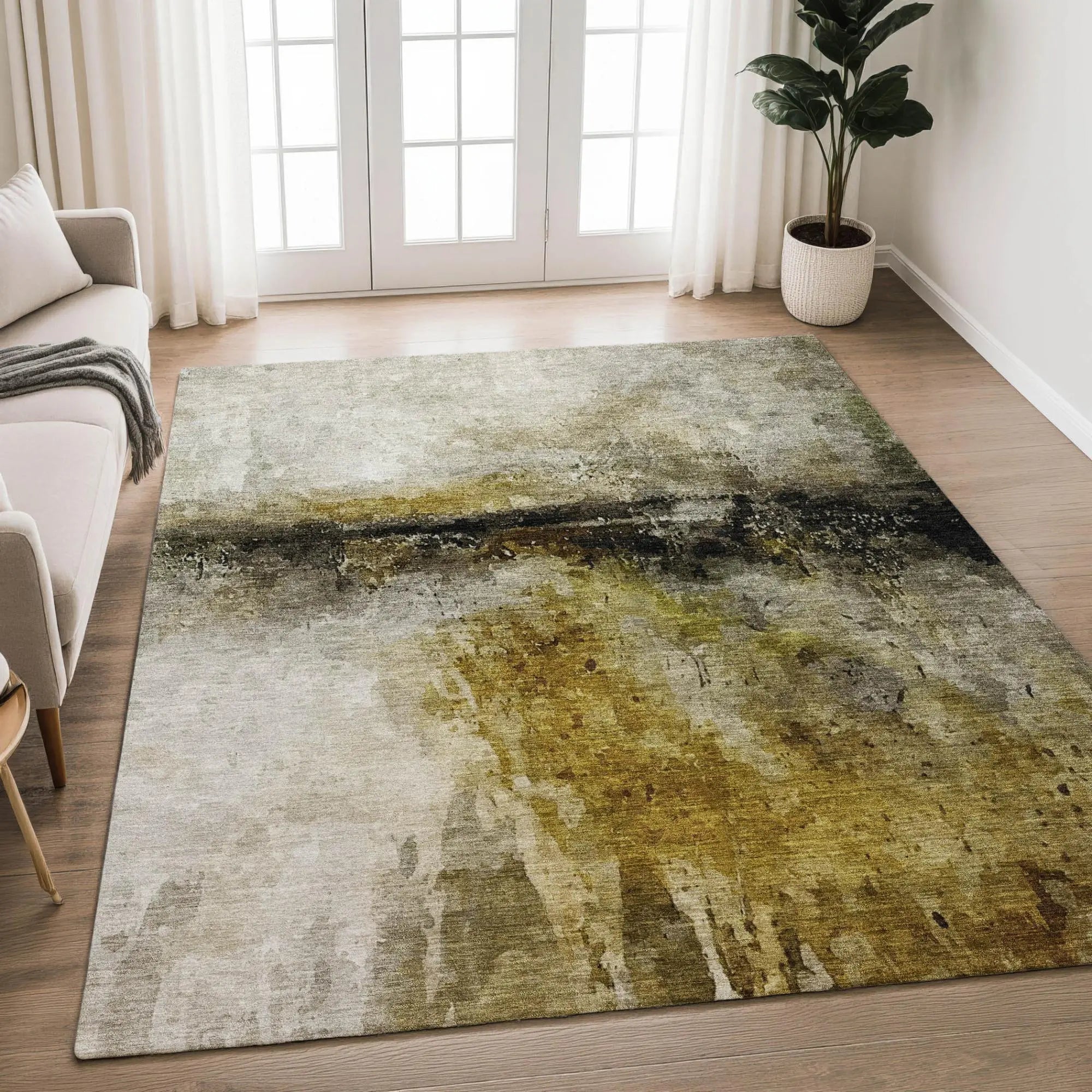 3' X 5' Wheat And Gold Abstract Washable Indoor Outdoor Area Rug Homeroots Outdoor