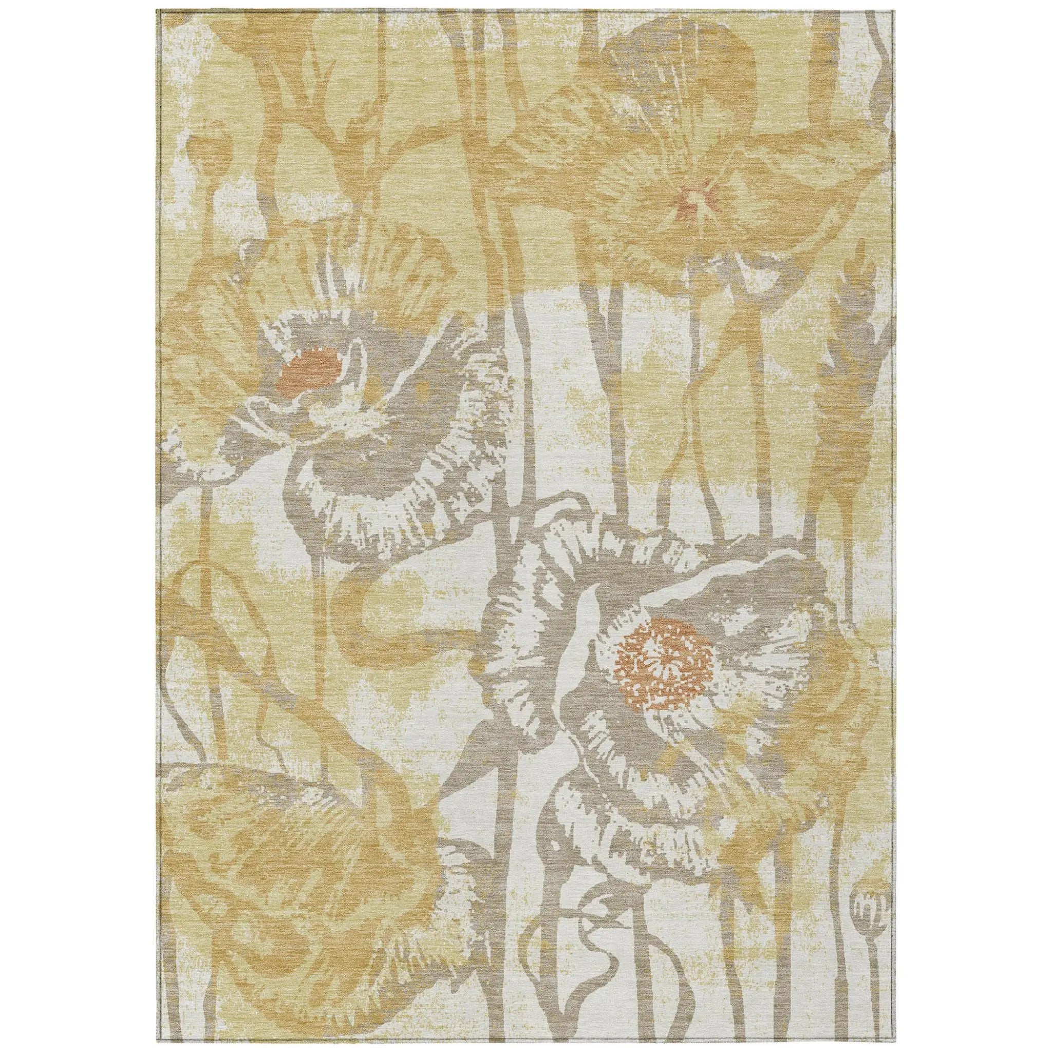 3' X 5' Wheat And Gold Floral Washable Indoor Outdoor Area Rug Homeroots Outdoor