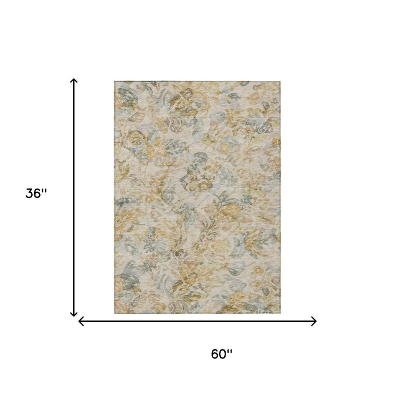 3' X 5' Wheat And Gold Floral Washable Indoor Outdoor Area Rug Homeroots Outdoor
