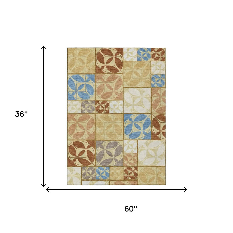 3' X 5' Wheat And Gold Geometric Washable Indoor Outdoor Area Rug Homeroots Outdoor