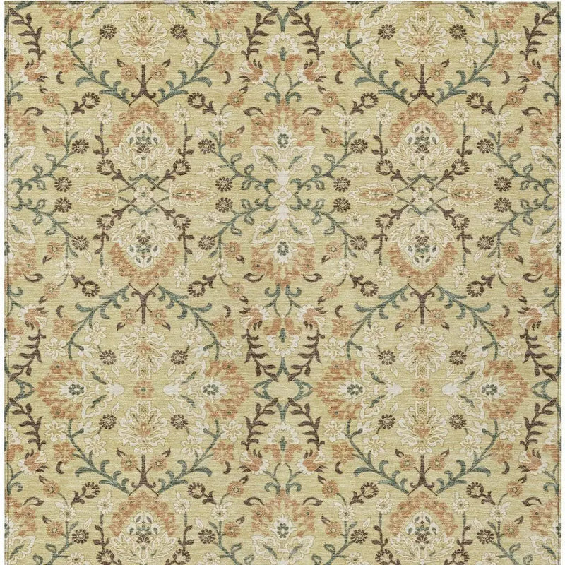 Multicolor floral area rug in cream, gold, and blue, featuring intricate pattern; perfect for traditional decor.