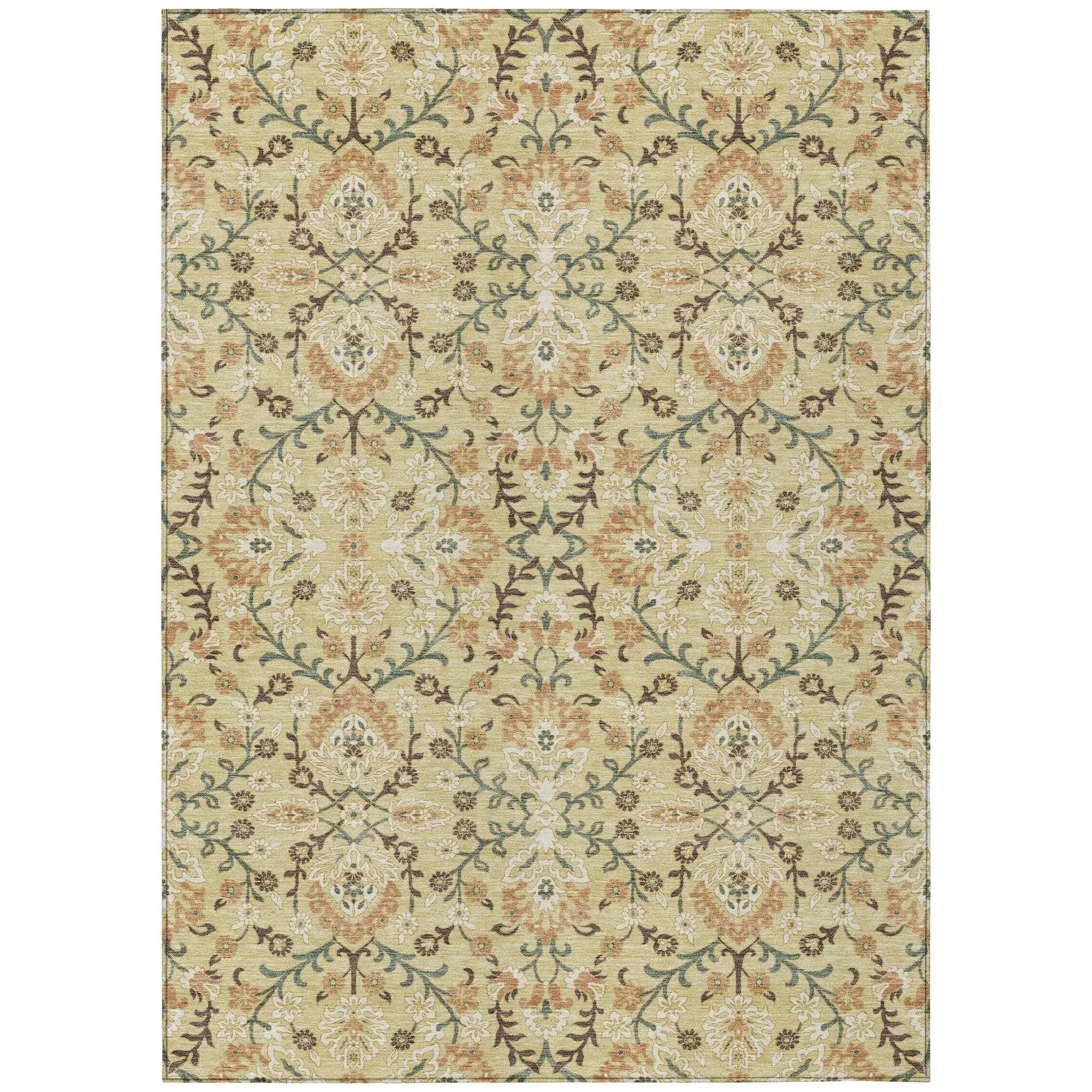Beige floral area rug with intricate green and orange patterns, elegant vintage style, perfect for home decor.