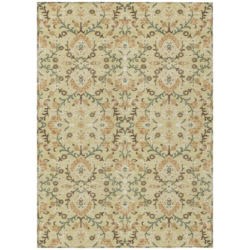 Beige floral area rug with intricate green and orange patterns, elegant vintage style, perfect for home decor.