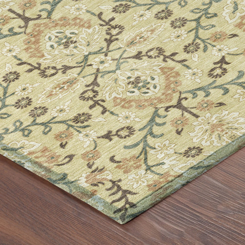 Green floral area rug with intricate patterns, featuring beige and brown accents, ideal for vintage-style decor.