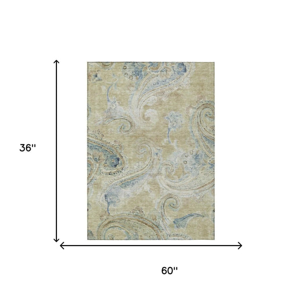 3' X 5' Wheat And Gold Paisley Washable Indoor Outdoor Area Rug Homeroots Outdoor