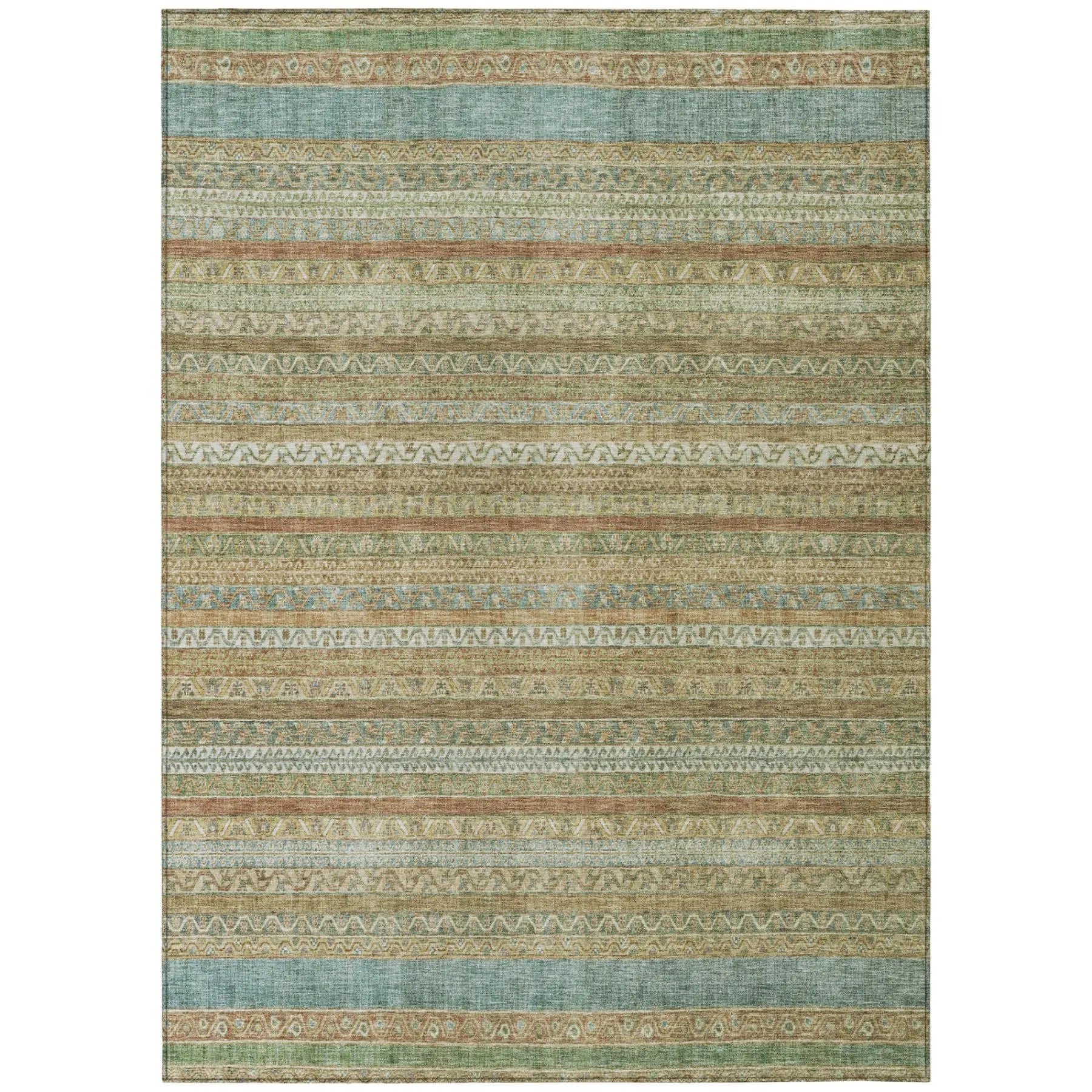 Multi-colored area rug with intricate geometric patterns, featuring muted greens, browns, and rust tones. Ideal for bohemian decor.