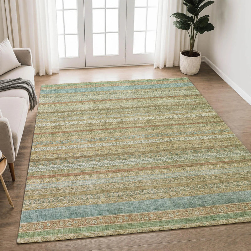 Boho-style area rug in beige, teal, and terracotta with intricate patterns; perfect for living room or bedroom décor.