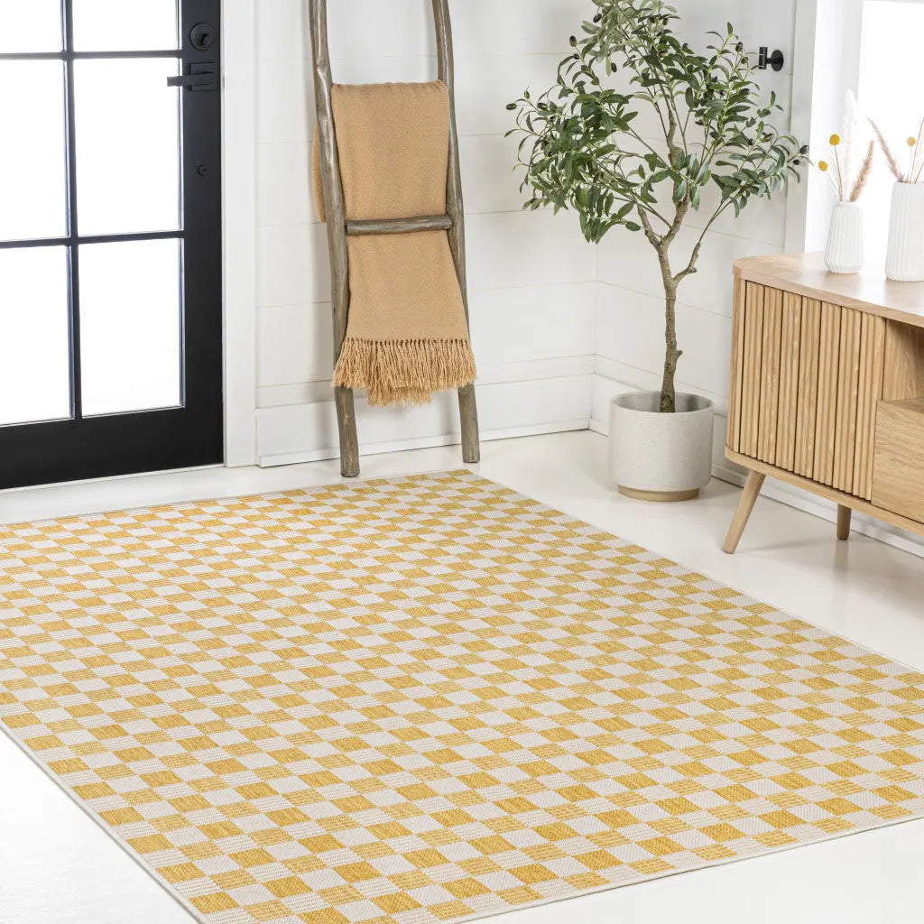 3' X 5' Yellow And Cream Geometric Indoor Outdoor Area Rug - GreatEagleInc