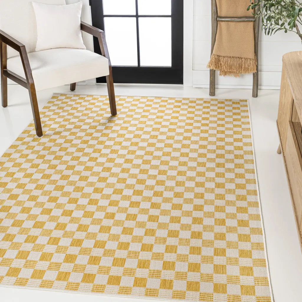 3' X 5' Yellow And Cream Geometric Indoor Outdoor Area Rug - GreatEagleInc