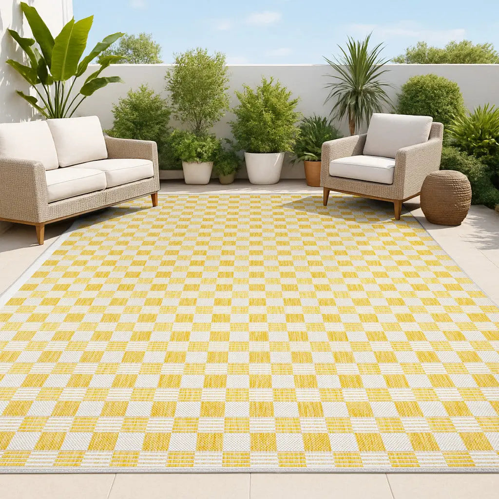 3' X 5' Yellow And Cream Geometric Indoor Outdoor Area Rug - GreatEagleInc
