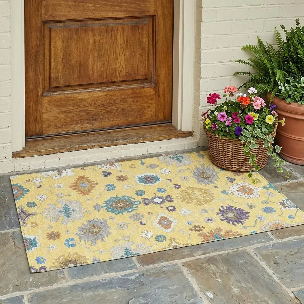 3' X 5' Yellow And Teal Blue Oriental Washable Indoor Outdoor Area Rug Homeroots Outdoor