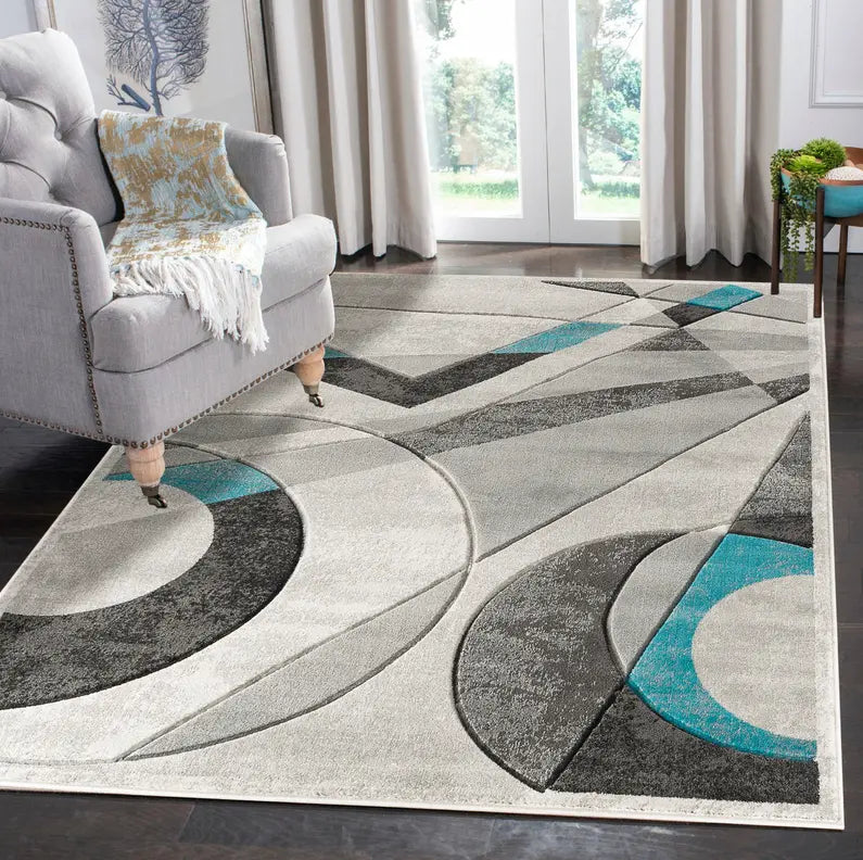 3'8" x 5'6" Turquoise Hand-Carved Geometric Soft Rug Home Mart Goods