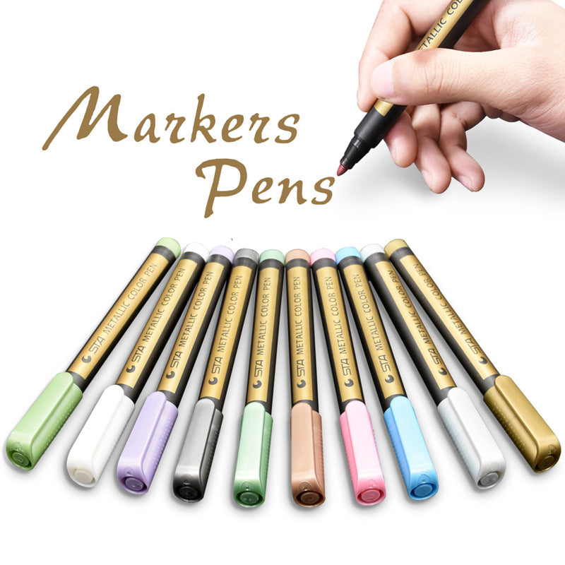 Art Marker Set Metal 10 Colors Medium Pen Metallic For DIY Photo Album Signature Liquid-ink Round Supplies Permanent Plastic