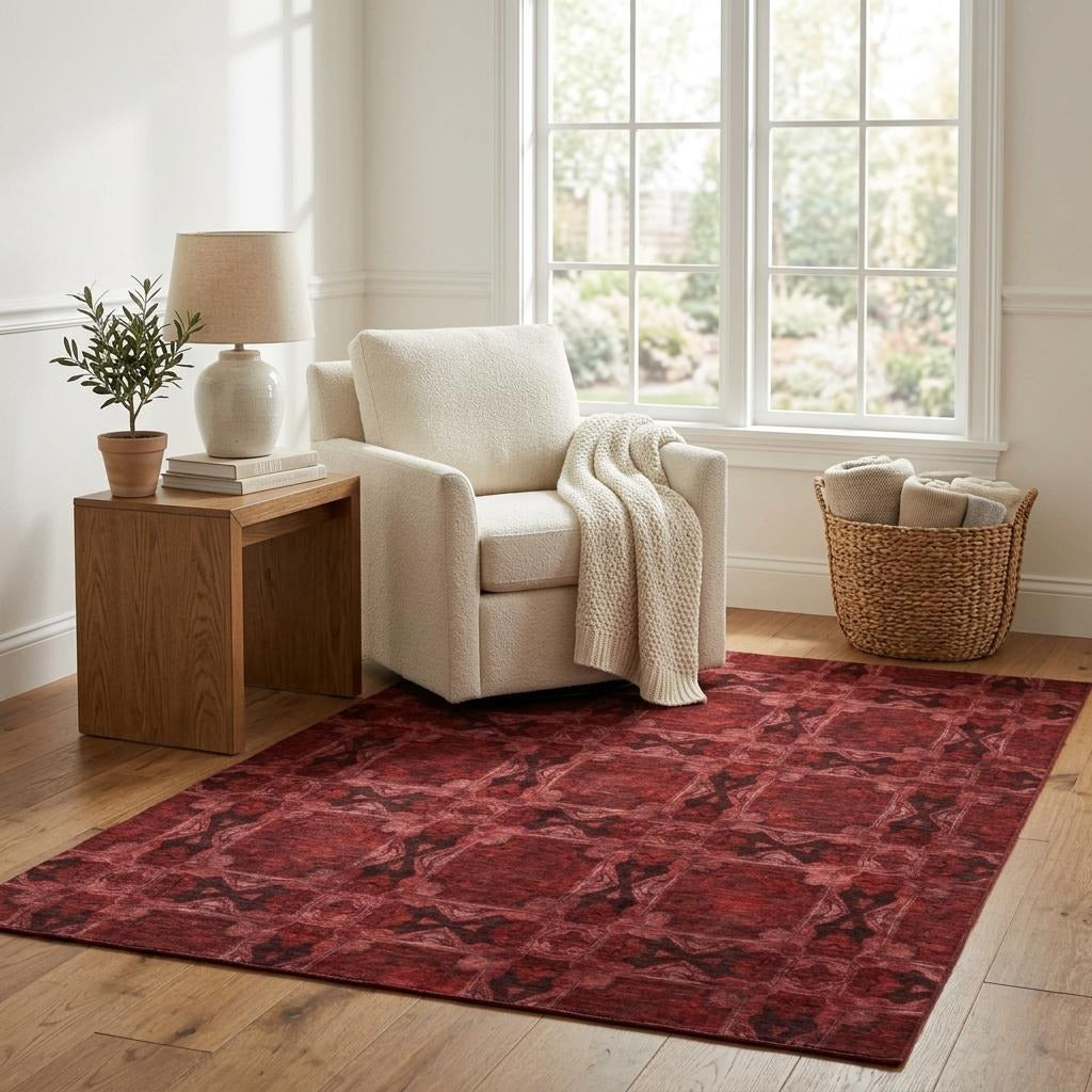 5' X 8' Burgundy And Red Geometric Shag Washable Area Rug With UV Protection - Home & Garden