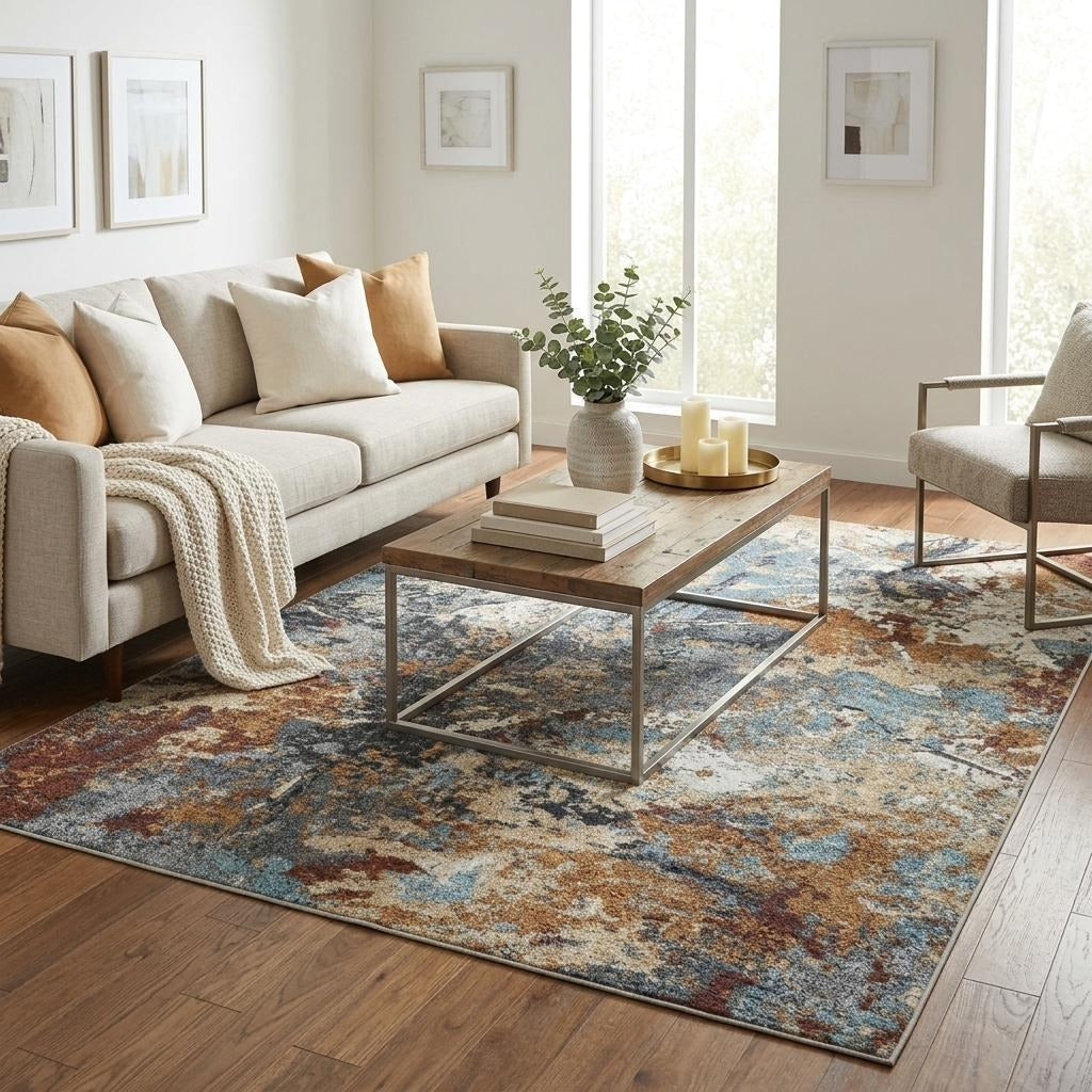 5' X 7' Blue And Rust Abstract Distressed Area Rug - Home & Garden