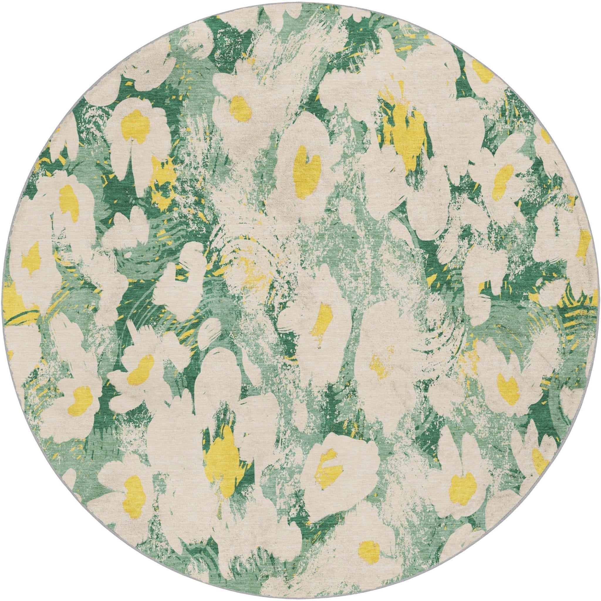 8' Green And Gold Floral Shag Washable Round Rug With UV Protection - Home & Garden