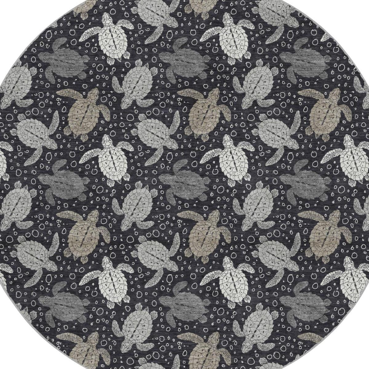 8' Midnight And Taupe Animal Print Shag Washable Round Rug With UV Protection - Home & Garden