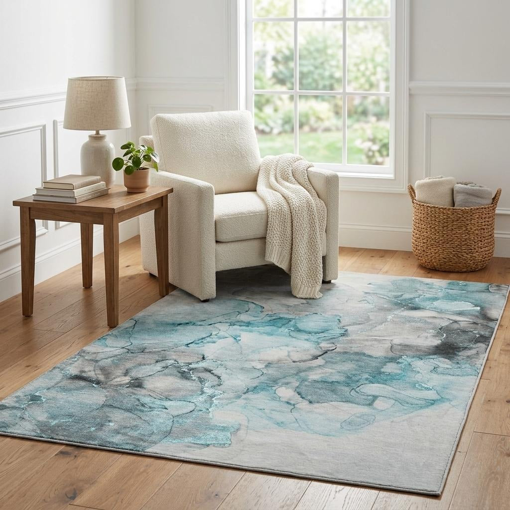 5' X 8' Teal And Gray Abstract Shag Washable Area Rug With UV Protection - Home & Garden