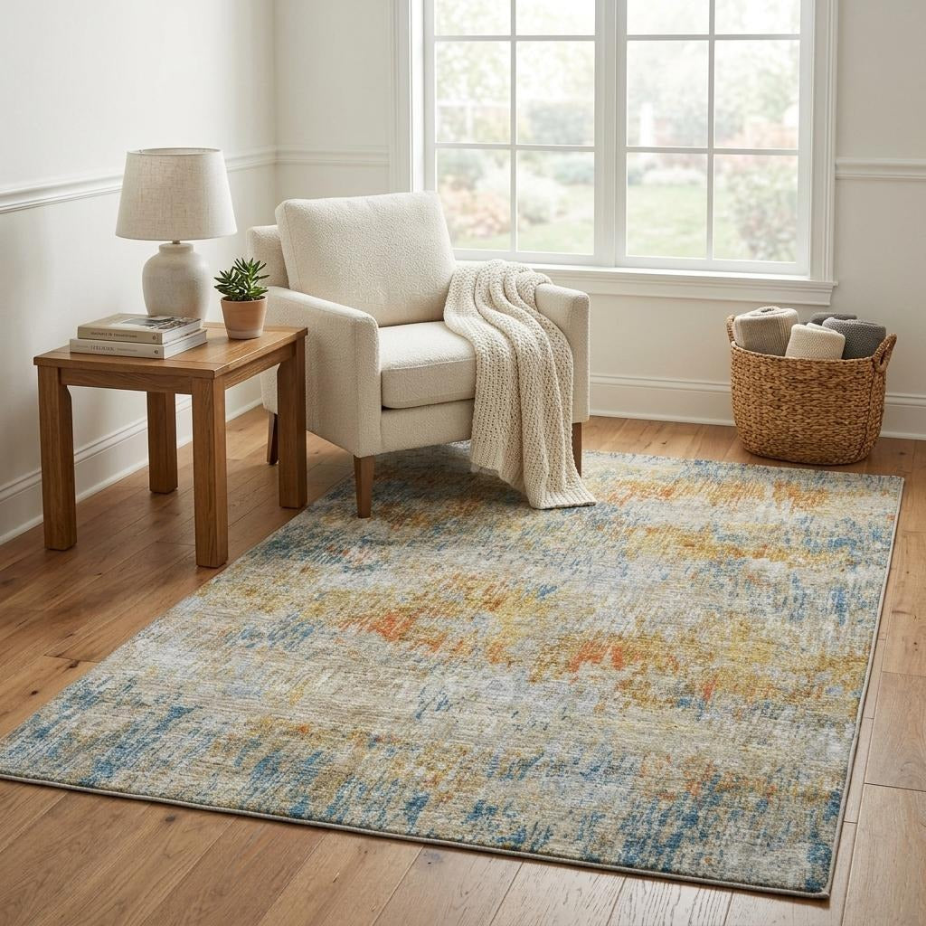 5' X 8' Orange And Taupe Abstract Shag Washable Area Rug With UV Protection - Home & Garden