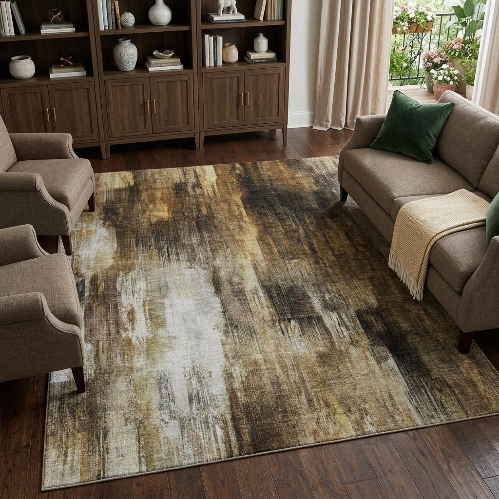 10' X 14' Chocolate And Brown Abstract Shag Washable Area Rug With UV Protection - Home & Garden