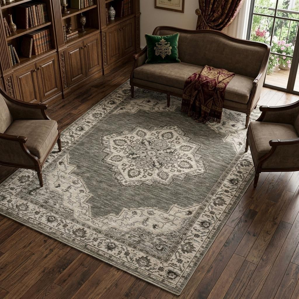 10' X 13' Gray And Beige Medallion Area Rug With Fringe - Home & Garden