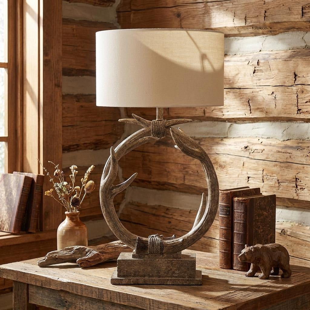 27" Brown Rustic Faux Antlers Table Lamp With White Drum Shade - Lighting