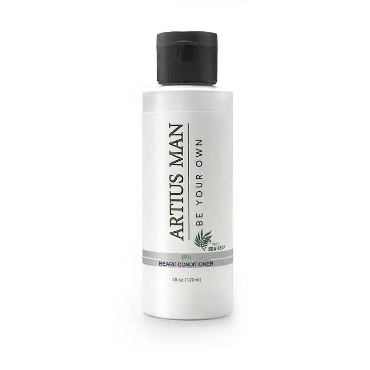 Artius Man IPA Beard Conditioner, 4 oz, white bottle with black cap, infused with sea kelp for softening beards.