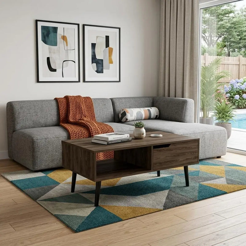 40" Brown And Black Coffee Table With Drawer And Shelf Homeroots Living Room