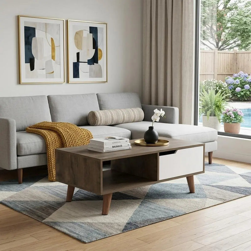 40" Brown And Brown and White Wood Coffee Table With Drawer And Shelf Homeroots Living Room
