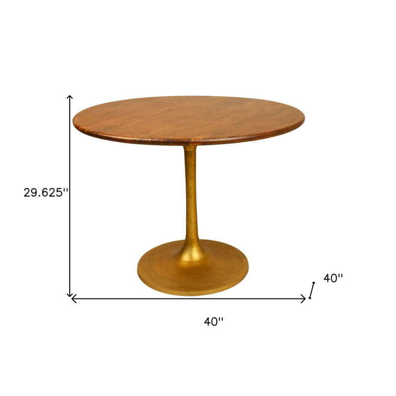 40" Brown And Gold Rounded Solid Wood And Iron Pedestal Base Dining Table Homeroots Kitchen & Dining