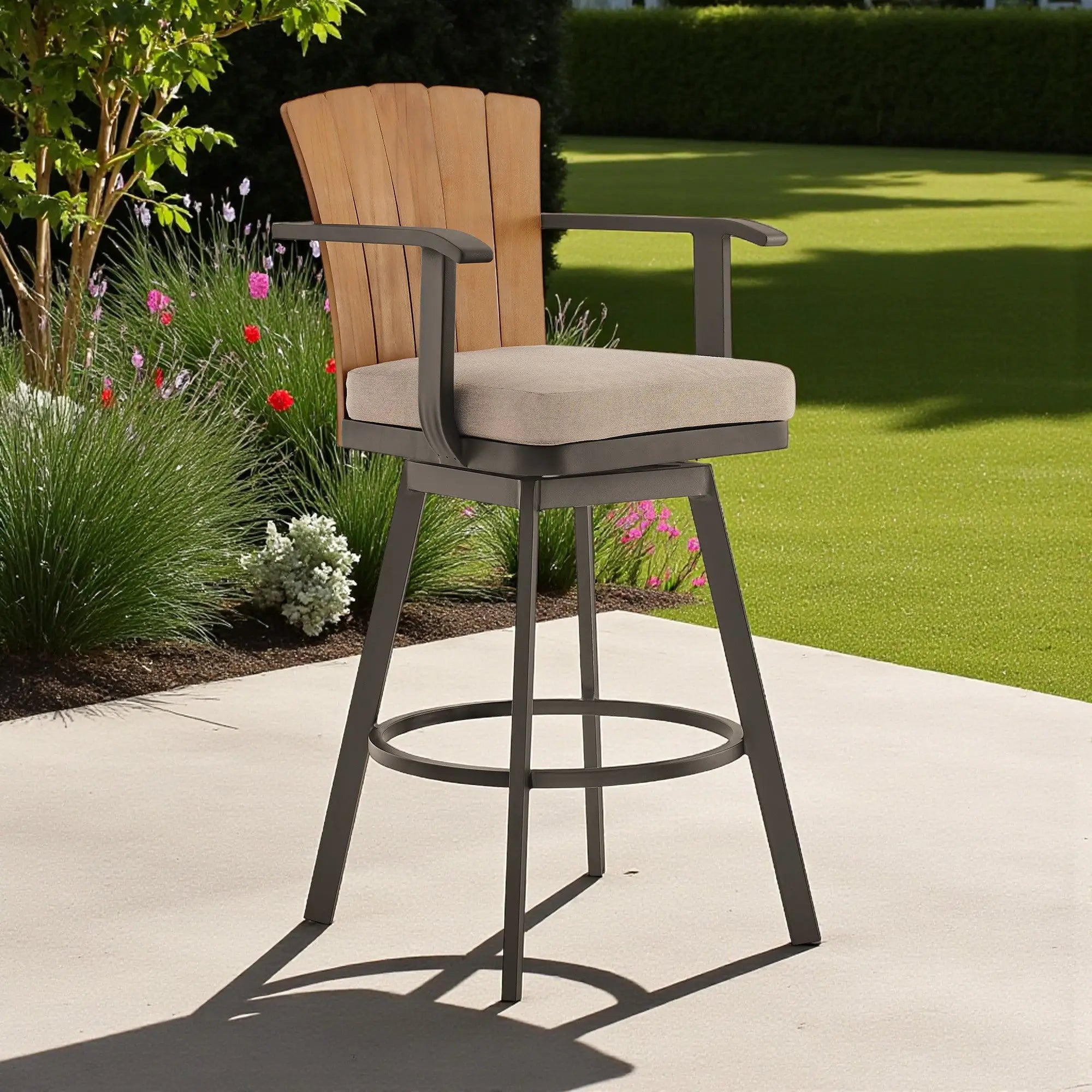 40" Brown Metal Swivel Outdoor Counter Height Bar chair with Footrest - GreatEagleInc