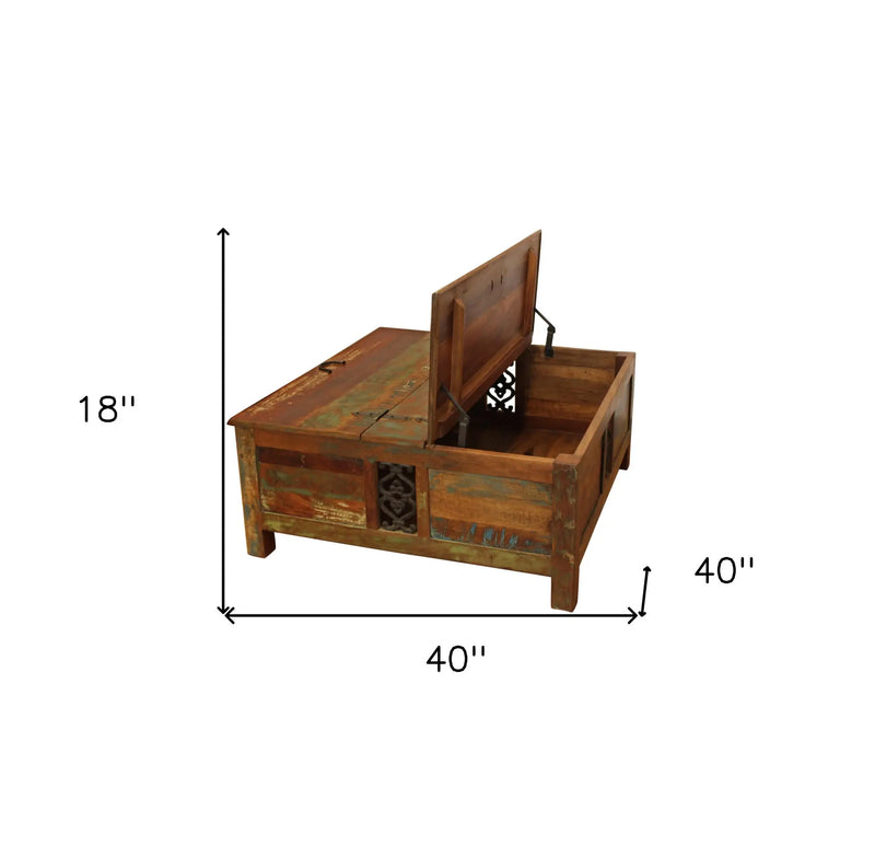 40" Brown Solid Wood Square Lift Top Solid Trunk Coffee Table Homeroots Living Room