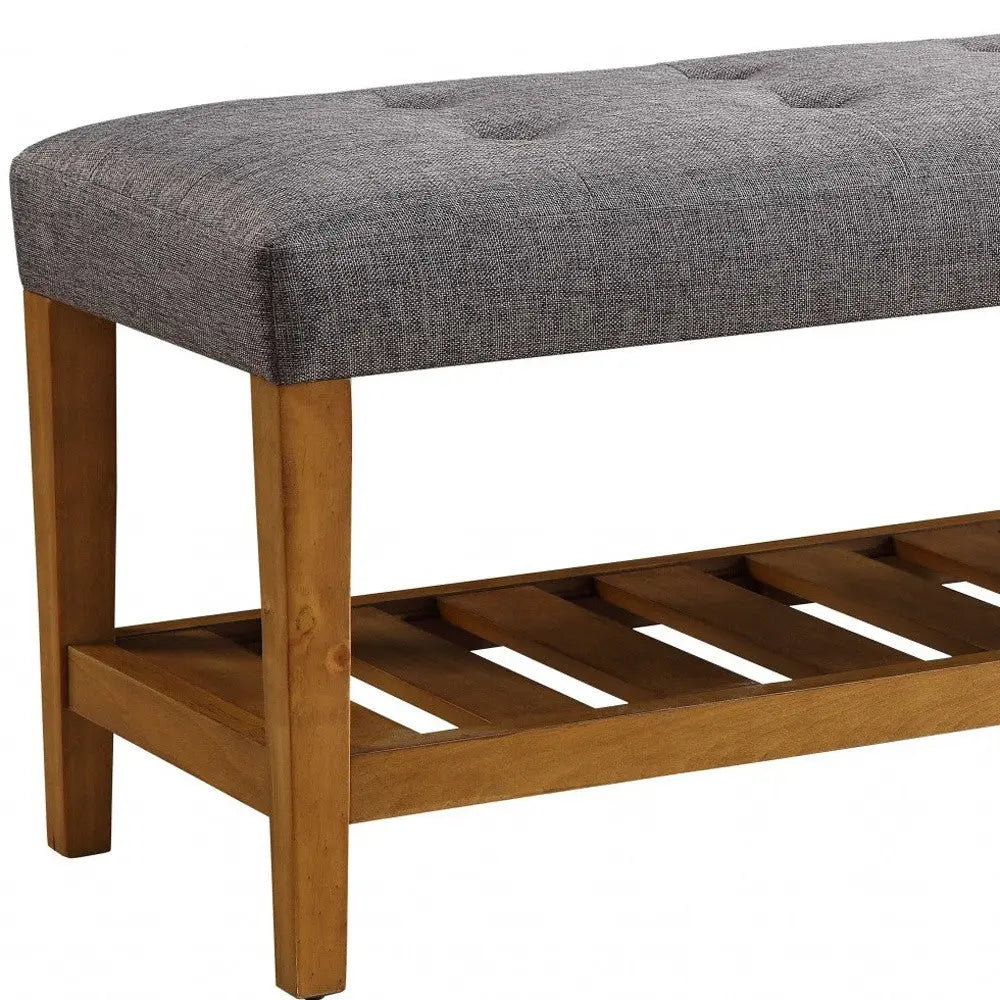 40" Gray and Brown Upholstered Linen Blend Bench with Shelves - GreatEagleInc