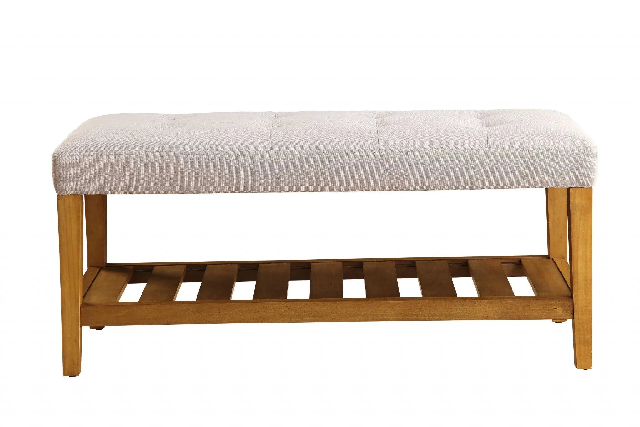 40" Light Gray and Brown Upholstered Polyester Bench with Shelves Homeroots Living Room