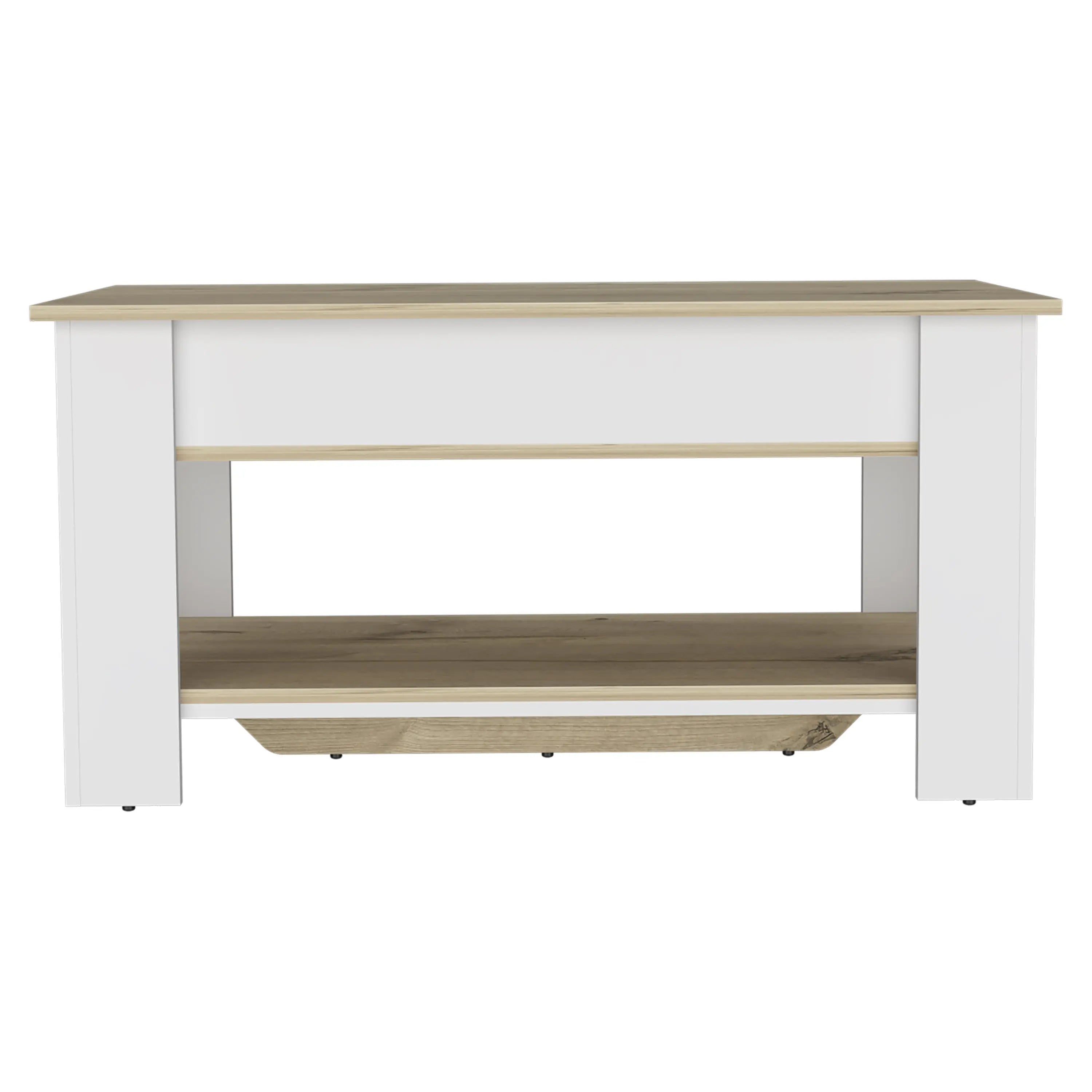 Modern white and oak wood coffee table with open shelf, sleek design, perfect for contemporary living rooms.