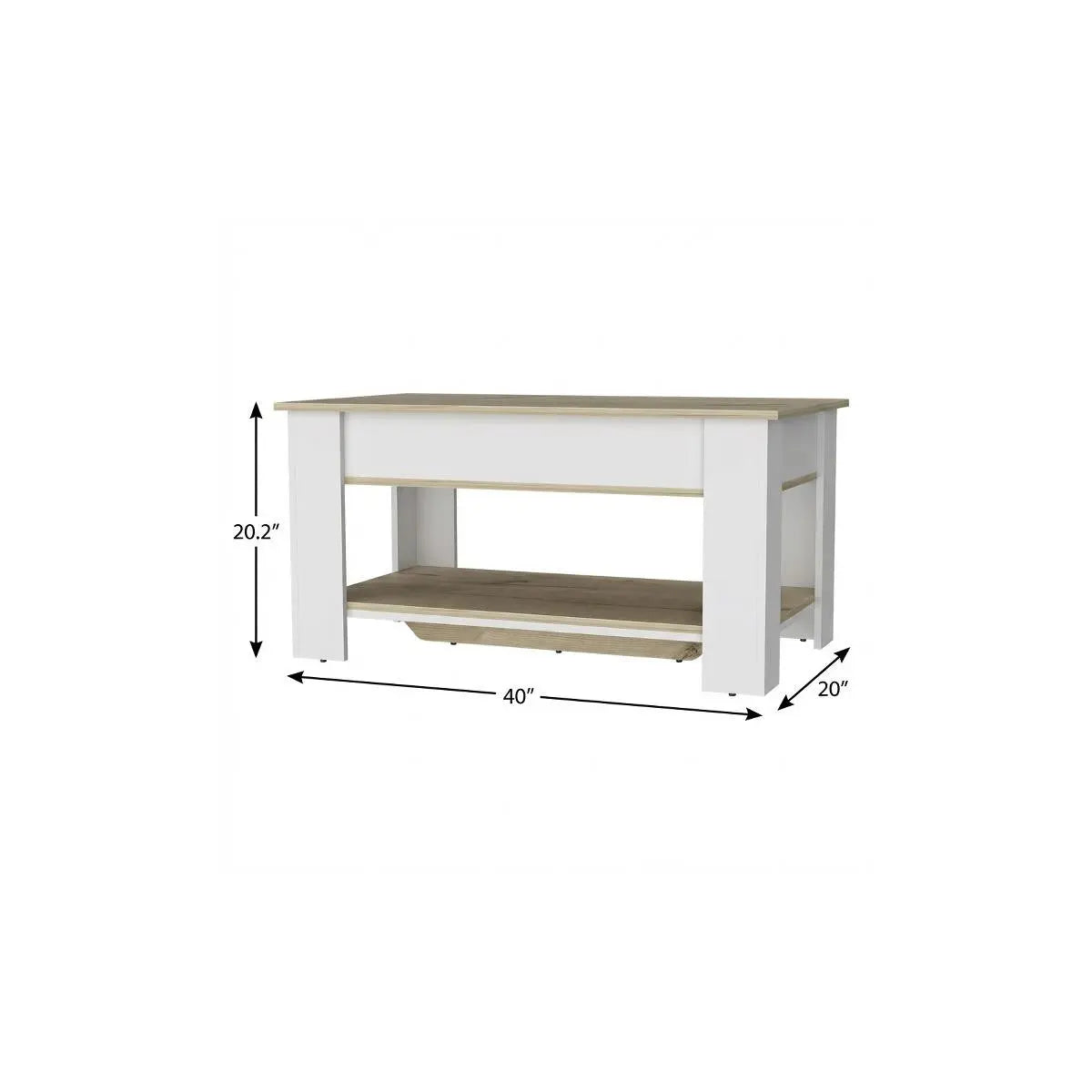 Modern white and natural wood coffee table with storage shelf, measuring 40" W x 20" D x 20.2" H, perfect for minimalist decor.