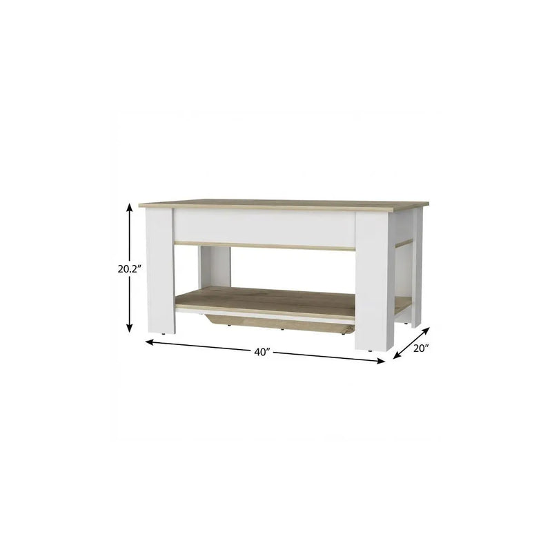 Modern white and natural wood coffee table with storage shelf, measuring 40" W x 20" D x 20.2" H, perfect for minimalist decor.