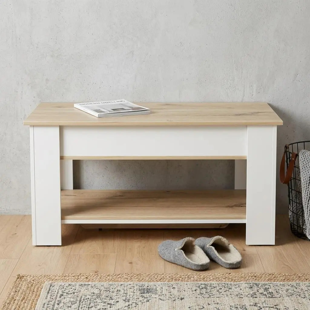 40" Natural and White Wood Storage Bench With Flip Top Shoe Storage And Shelves Homeroots Living Room