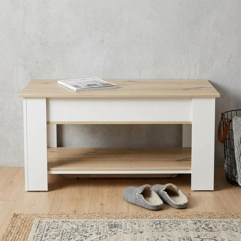 40" Natural and White Wood Storage Bench With Flip Top Shoe Storage And Shelves Homeroots Living Room