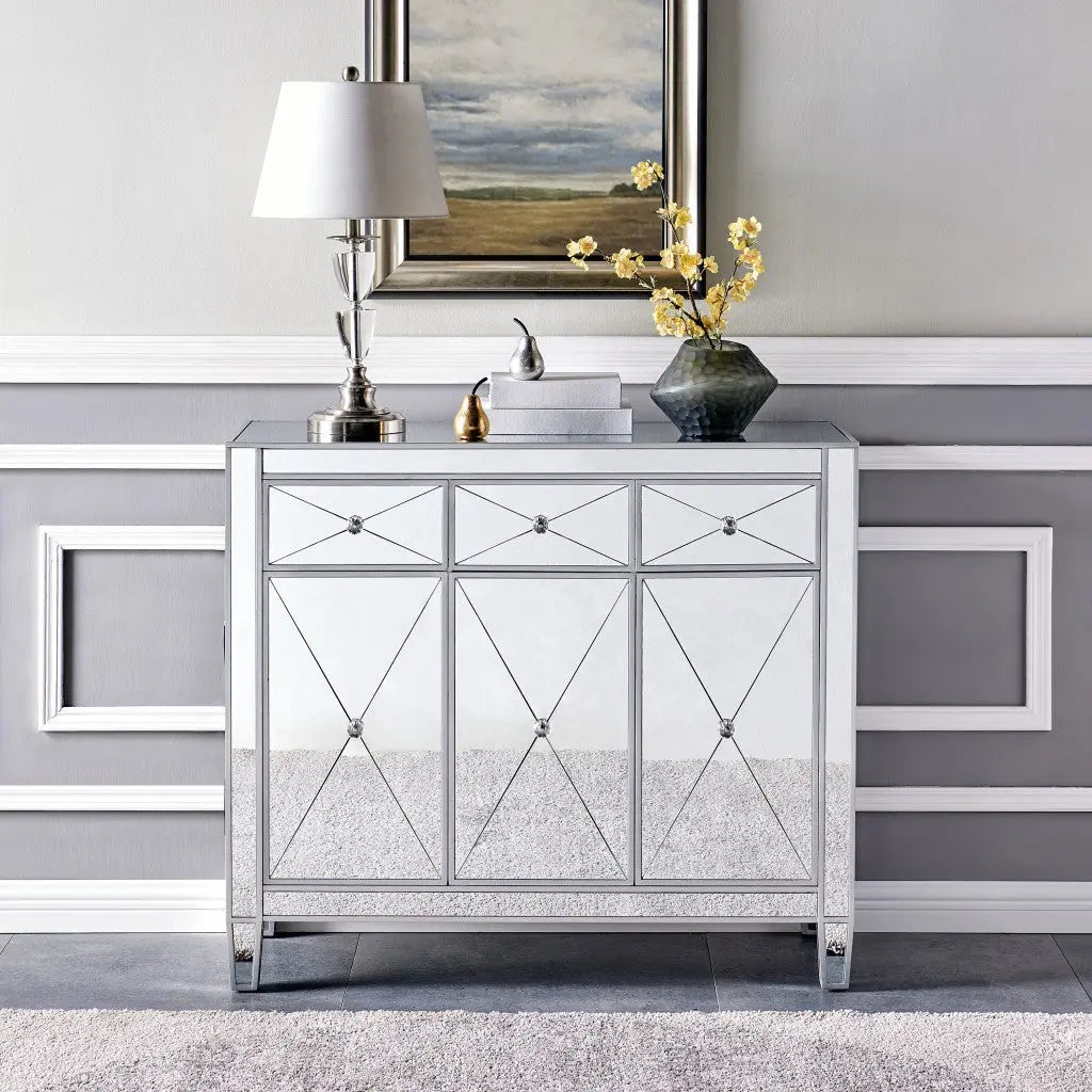 40" Silver Glass Three Drawer Sideboard with Three Doors Homeroots Kitchen & Dining