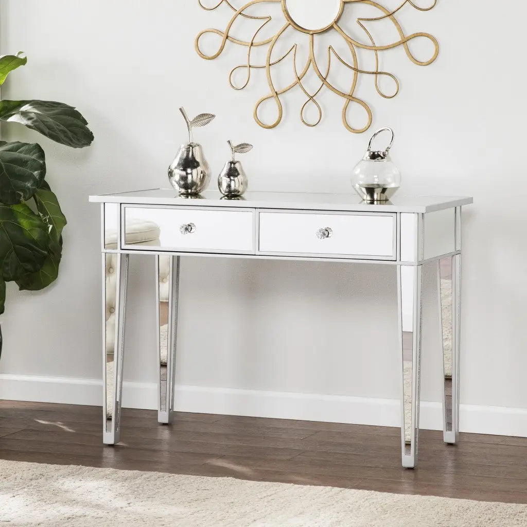 40" Silver Mirrored Glass Console Table And Drawers Homeroots Living Room